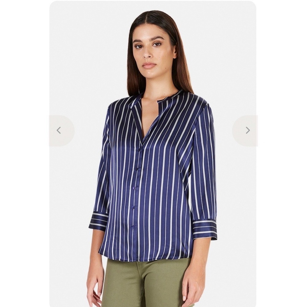 L'agence Aoki Blouse Women's S Navy White Pinstripe Quarter Sleeve Silk Blouse